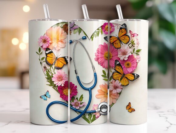 20oz Floral Stethoscope Tumbler Wrap PNG