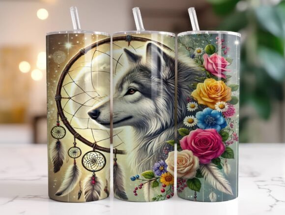 20oz Wolf Dreamcatcher Tumbler Wrap PNG: Graphics for Authentic Tumbler Wraps