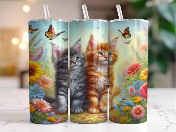Cute Kittens Flowers 20oz Tumbler Wrap Graphics