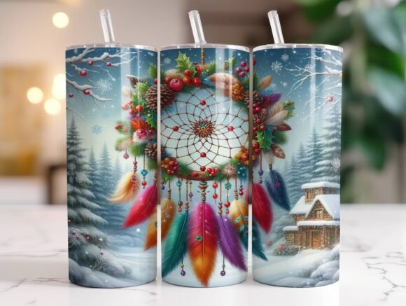 Dreamcatcher Christmas Tumbler Wrap PNG: Graphics for Festive Local Branding
