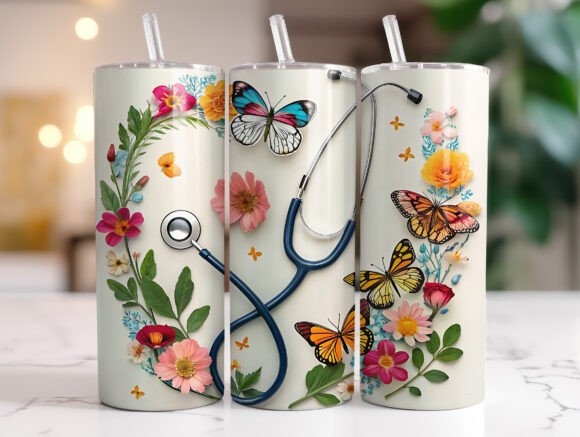 Floral Stethoscope Nurse Tumbler Wrap Graphics
