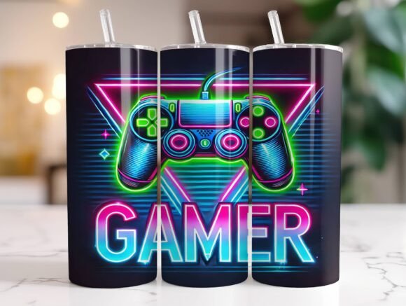 Gaming Neon Controller Tumbler Wrap Graphics