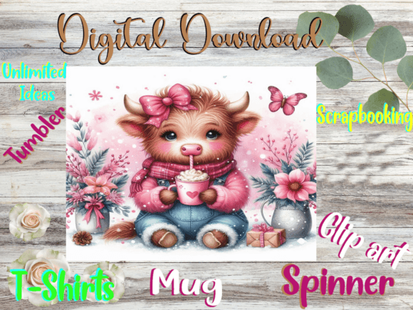 Highland Cow & Cocoa Pink Graphics for Tumbler Wraps