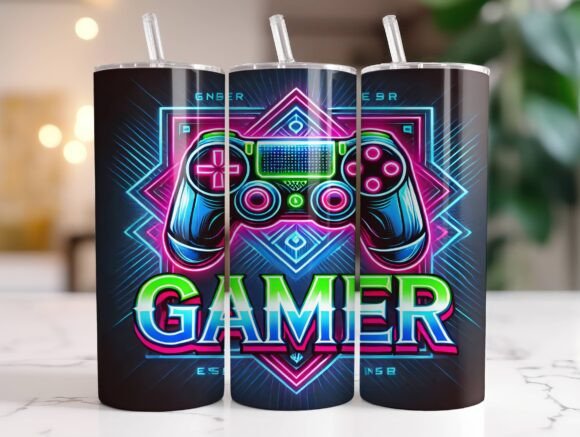Neon Gamer Controller Tumbler Wrap PNG Graphics