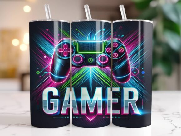 Neon Gaming Controller Wrap Tumbler PNG: Graphics for Bold Tumbler Wraps