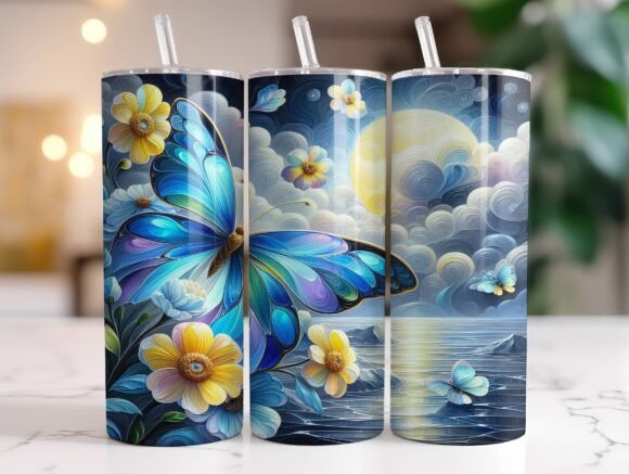 Shiny Butterfly Floral Lake Tumbler Wrap Graphics