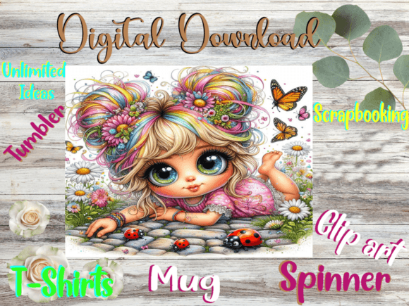 Whimsical Girl and Ladybugs Graphics for Tumbler Wraps